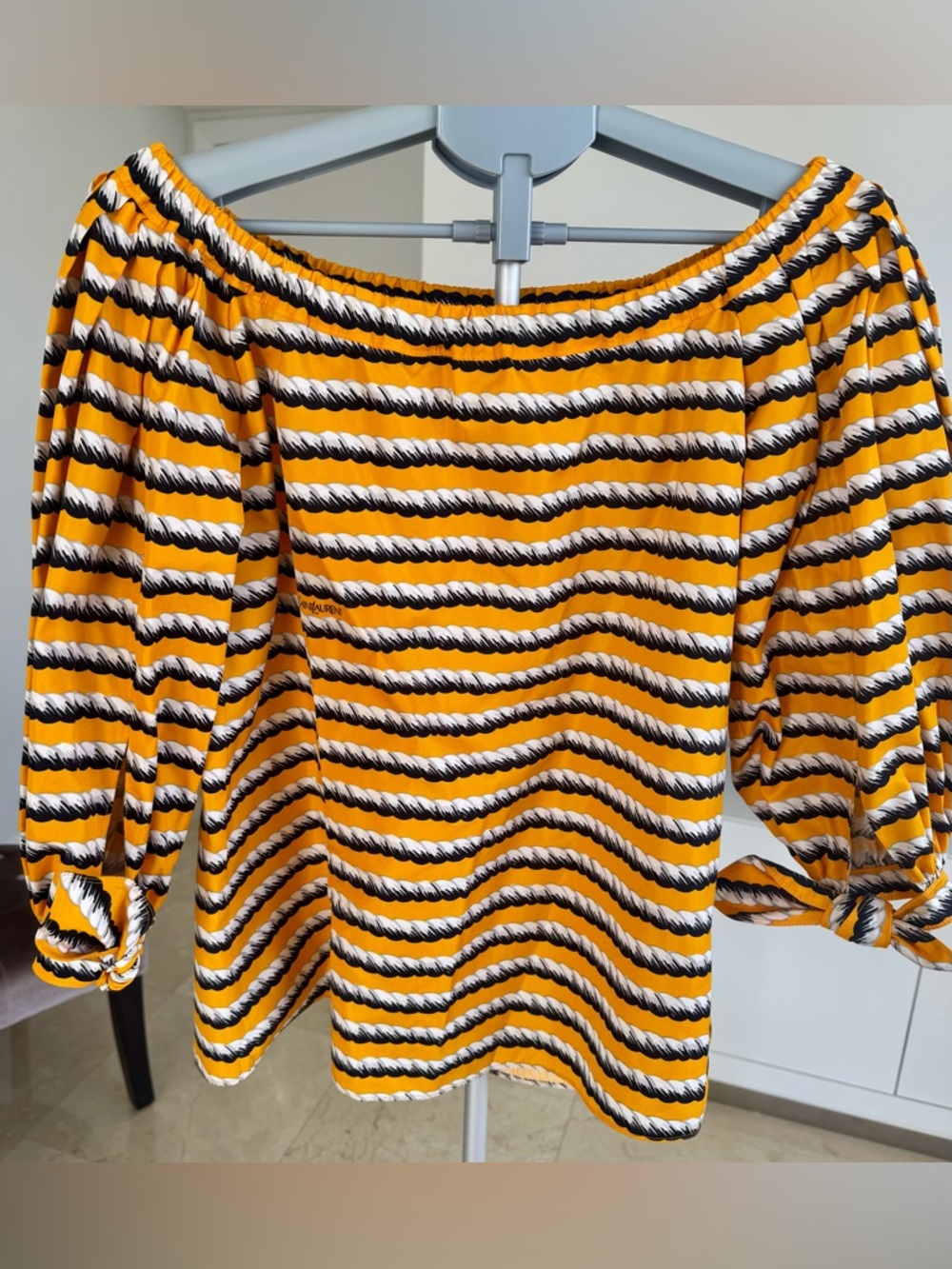Yves Saint Laurent Orange and Black Striped Off-Shoulder Blouse, perfect for all